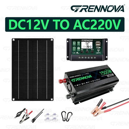 Solar Power System Kit 1500W Inverter 12V To 110V 220V 50W Panel 60A Controller for Charging Phone Powering Coolers Camping Gear