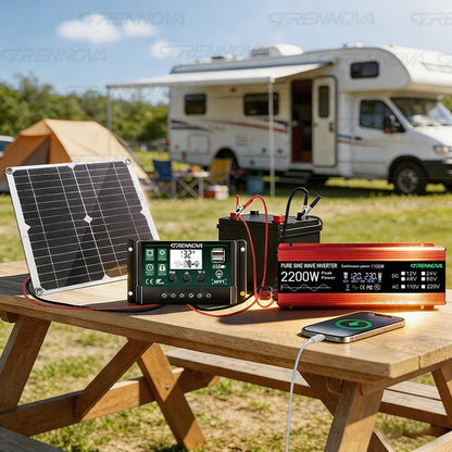 Portable Solar Power Station Kit 2200W Pure Sine Wave Inverter  30W Panel 60A Controller Small Appliances for RV Camping Balcony