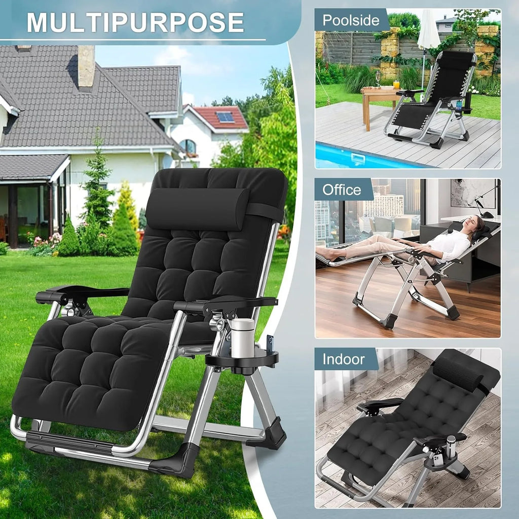 Zero Gravity Outdoor Lounge Chairs Set of 2 Reclining with Cushion Headrest Cup Holder for Patio Garden