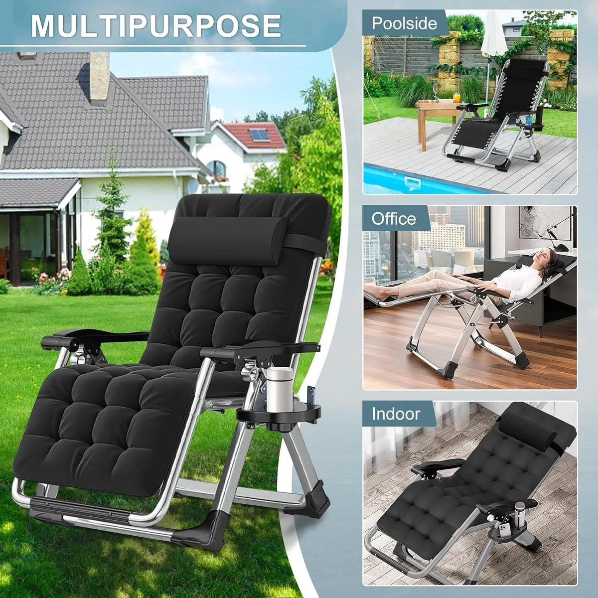 Zero Gravity Outdoor Lounge Chairs Set of 2 Reclining with Cushion Headrest Cup Holder for Patio Garden