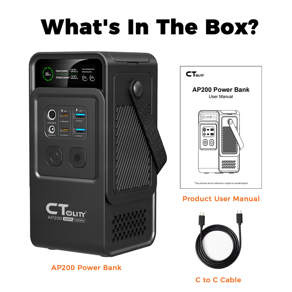 CTOLITY 200W Power Station Camping 192Wh Lifepo4 Power Bank 60000mAh Portable Charger Battery Emergency Power USB TYPE-C Port