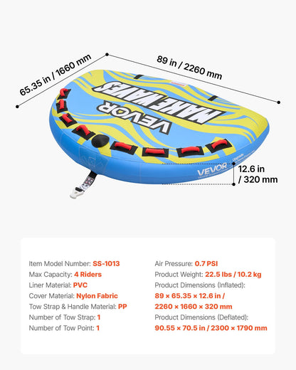 Towable Tube For Boating, 4 Riders Inflatable Boat Tubes And Towables, 680 Lbs Capacity Water Sport Towable Tube For Boat To
