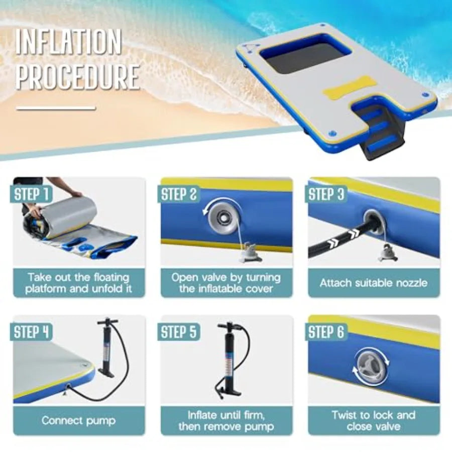 Inflatable Floating Dock for Pool Lake Beach Ocean, PVC Non-Slip Surface, Gray, Ultra-Stable Air Dock Platform with Rope Ladder