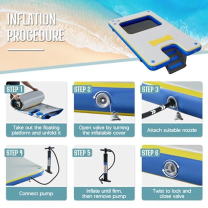 Inflatable Floating Dock for Pool Lake Beach Ocean, PVC Non-Slip Surface, Gray, Ultra-Stable Air Dock Platform with Rope Ladder