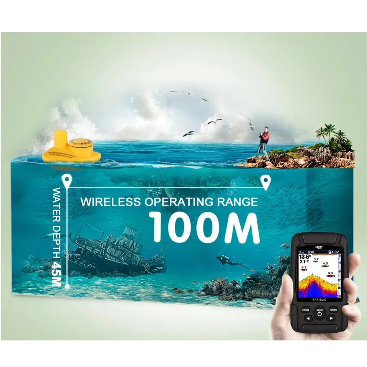 LUCKY FF718LIC Fish Finder Portable Wireless Sonar Sensor Alarm Wired Beam Sensor Depth Sounder 2-in-1 Fish Finder Fishing