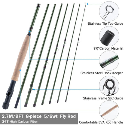 Goture #5/6 Travel Fly Fishing Rod 2.7M Multinodal Medium Fast Action Fly Rod Cork＆carbon Handle Ultralight Fishing Tackle