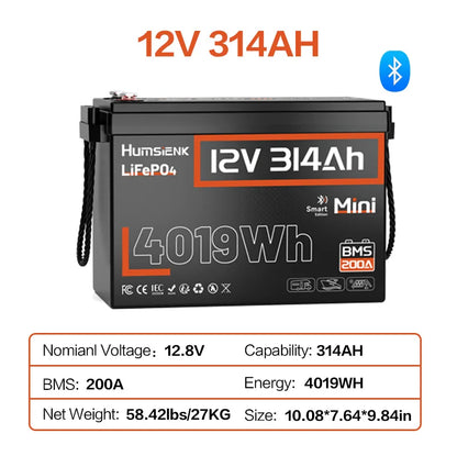 Humsienk 12V 314Ah LiFePO4 Lithium Battery Packs With Bluetooth 200A BMS Rechargeable For RV Golf Cart Camping Fishing Boats