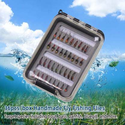 36pcs Fly Fishing Flies Kit Fly Fishing Gear With Epoxy Buzzer Nymph Perdigone Nymphs Assortment Trout Bass Fishing Lure Baits