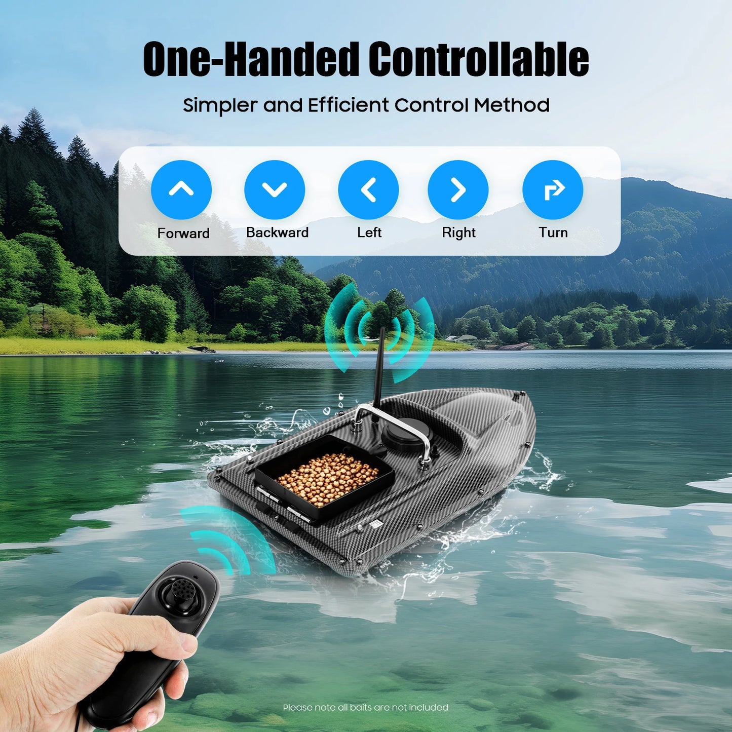 1.5kg Load RC Bait Boat, 500M Cruise Control, 5200mAh Battery 2~3H Runtime, LED Lights, Low Power Alert, for Carp Fishing, Black
