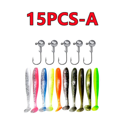 New 50/30/15PC Soft Fishing Lures Kit Silicone Lure Set Artificial Bait Worm with Crank Jig Head Hook Fishing Tackle Accessories