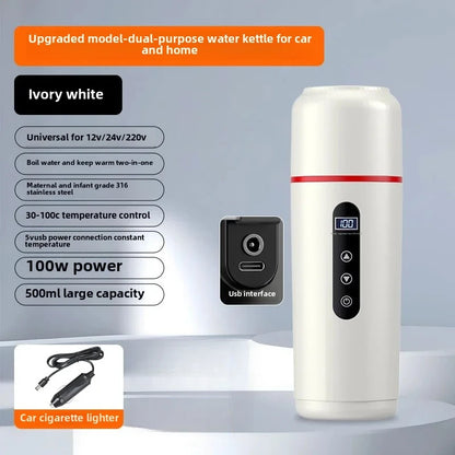 12V 24V Car Electric Heated Thermos 500ML, USB Heating Water Bottle, Portable Insulated Travel Cup for Driving & Work