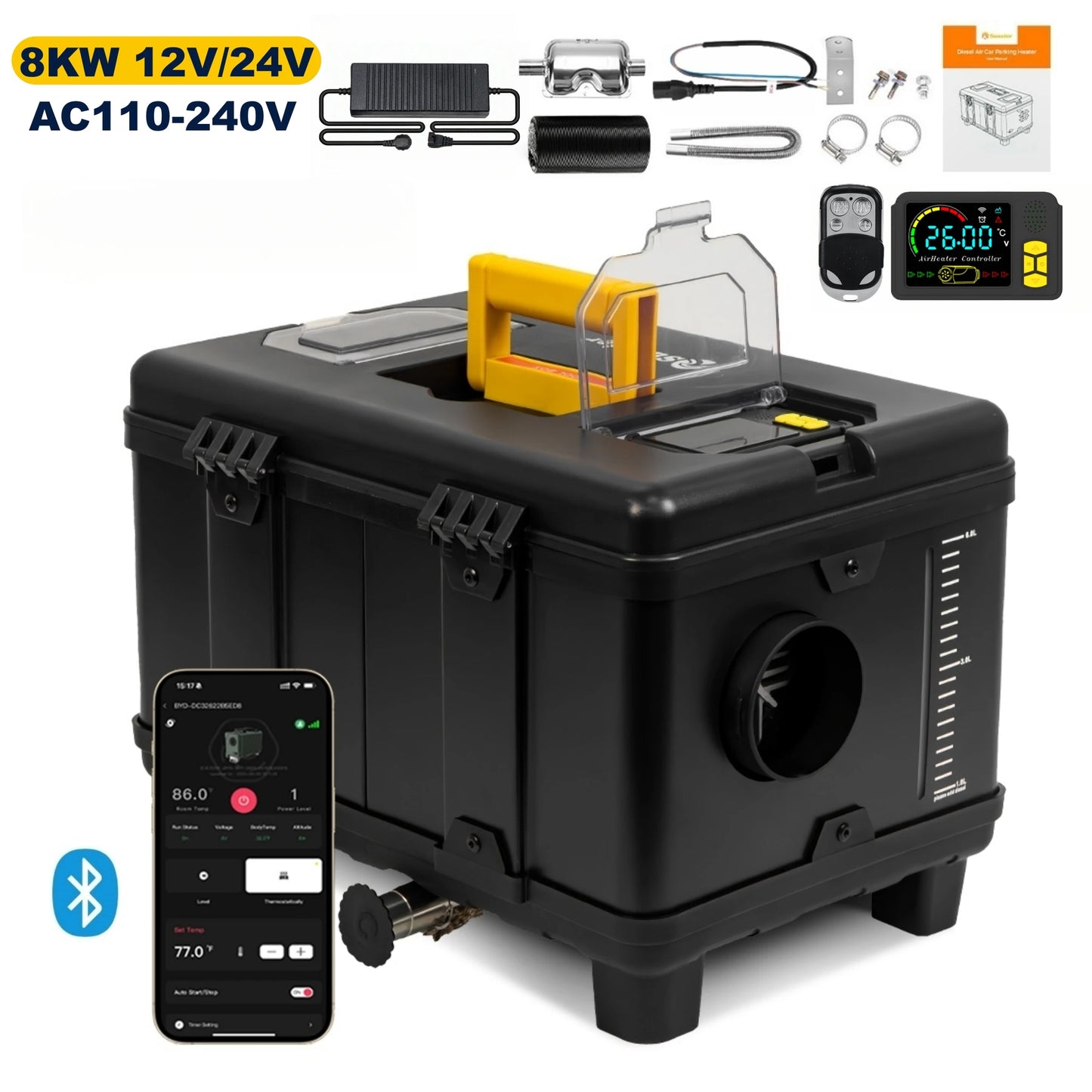 TB10 8KW Diesel Air Heater 12V/24V/110-240V Night Heater With Adapter/Bluetooth/LCD/Auto Start-Stop For Truck Camping Factory RV