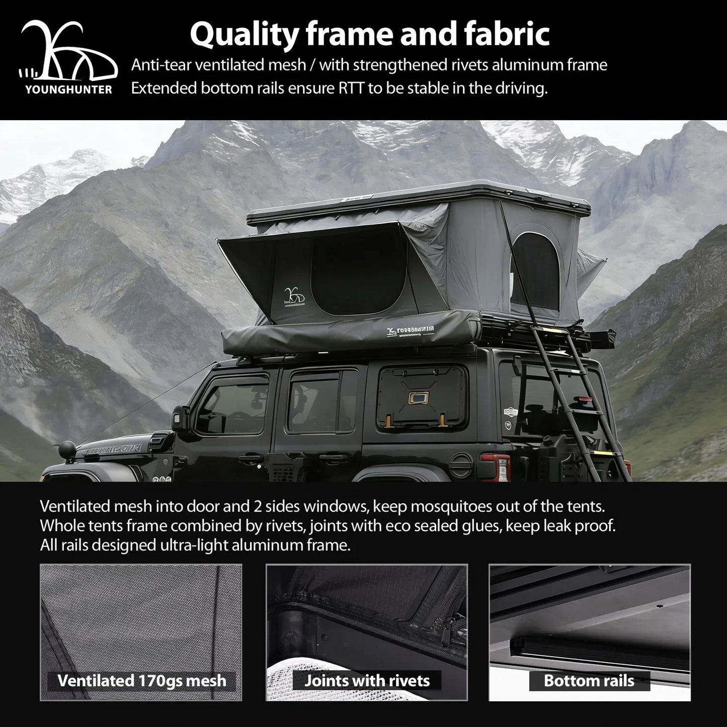 YoungHunter Aluminum Roof Top Tent for 1-2 Person Hardtop SUV 4x4 Straight up Design with Gray Fabric 320gms
