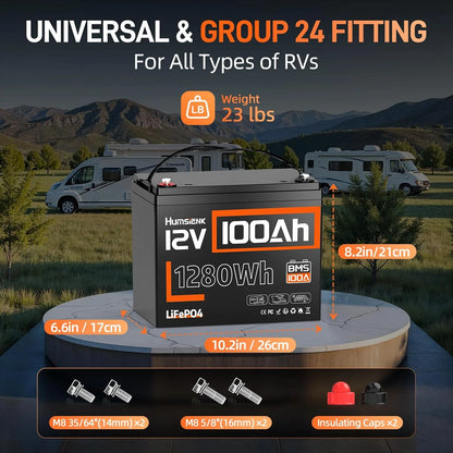 Humsienk LiFePO4 Lithium Battery 12V 100AH BMS 100A 1280Wh For RV/ Vans/ Trolling Motor/Off-grid/Camping/2-year warranty/UL 1973