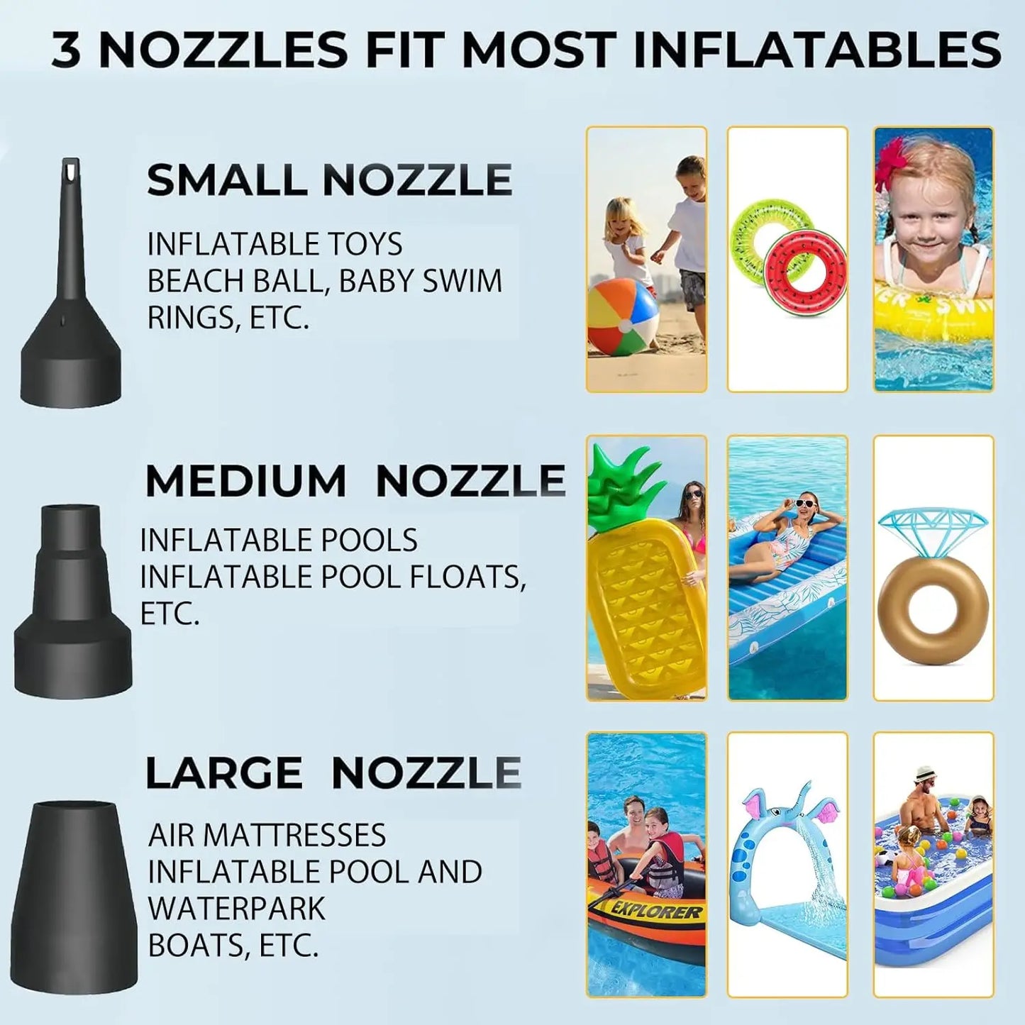 Portable Quick-Fill AC DC Electric Air Pump for Inflatables, Mattress, Pool Toys with Nozzles